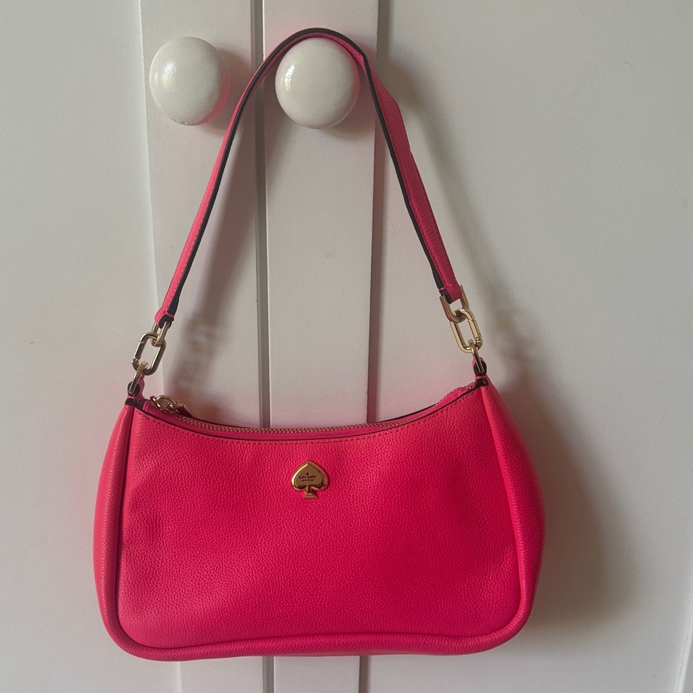 kate spade hot pink leather shoulder bag with gold-tone spade logo and long belt